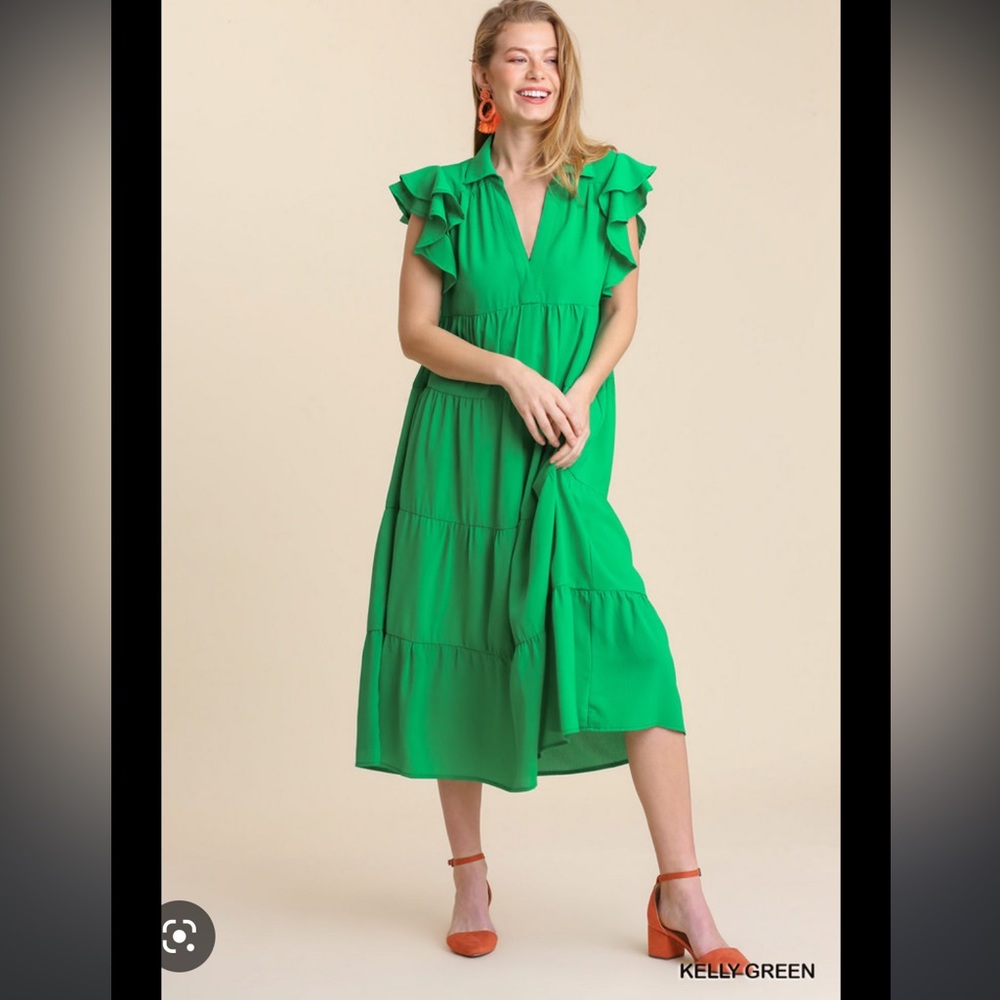 Umgee Tiered Midi Dress Kelly Green-Large